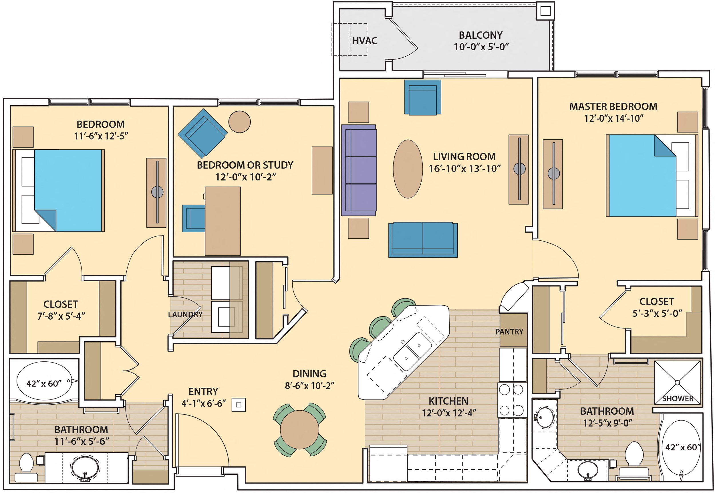 Floor plan for 3 beds, 2 baths, 1570 sqft
